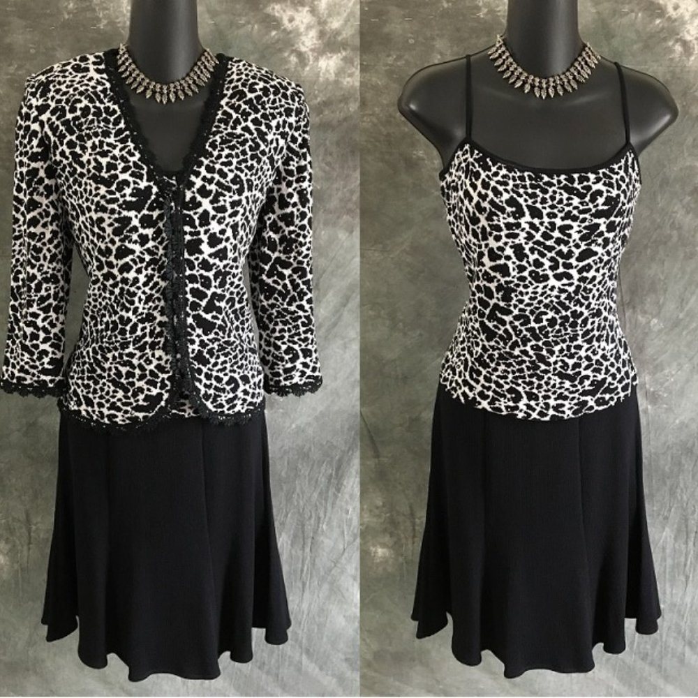 ST JOHN evening black white top skirt suit P 2